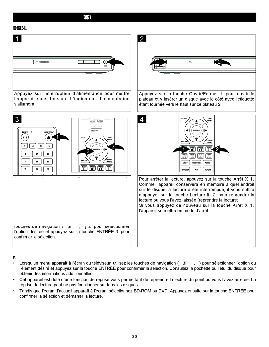 Memorex MVBD2535GPH manual Fonctionnement Avec BD/DVD, Lecture D’UN Disque BLU-RAY OU D’UN DVD Régulier 