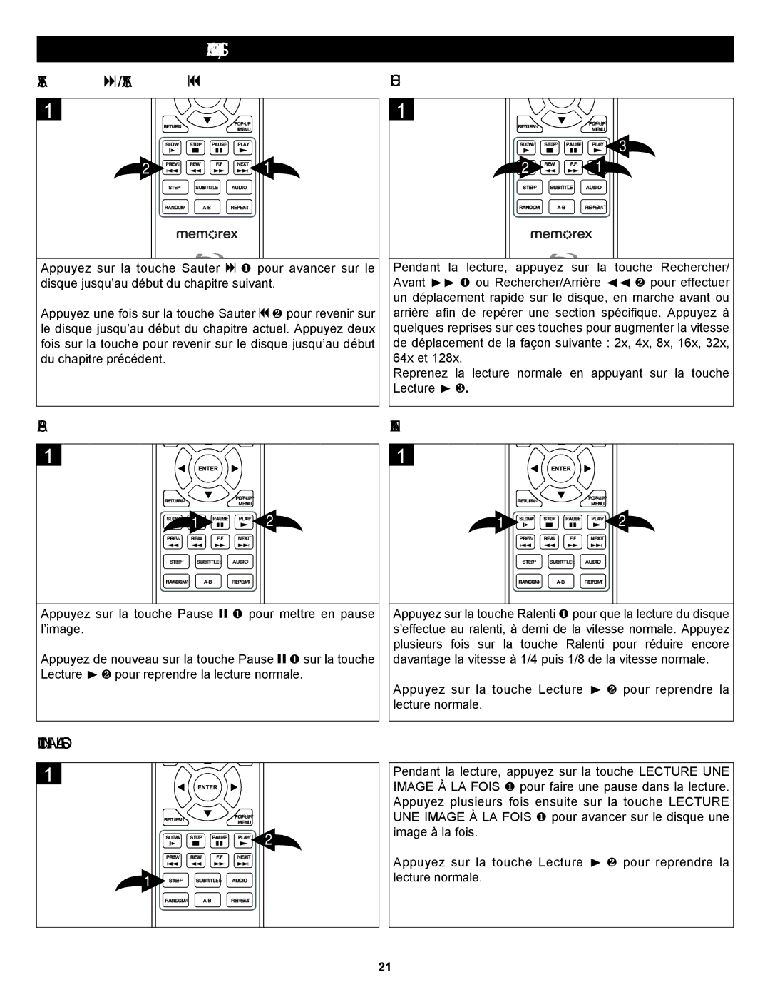 Memorex MVBD2535GPH manual Fonctionnementavec BD/DVD Suite, Rechercher, Pause, Ralenti, Lecture UNE Image À LA Fois 