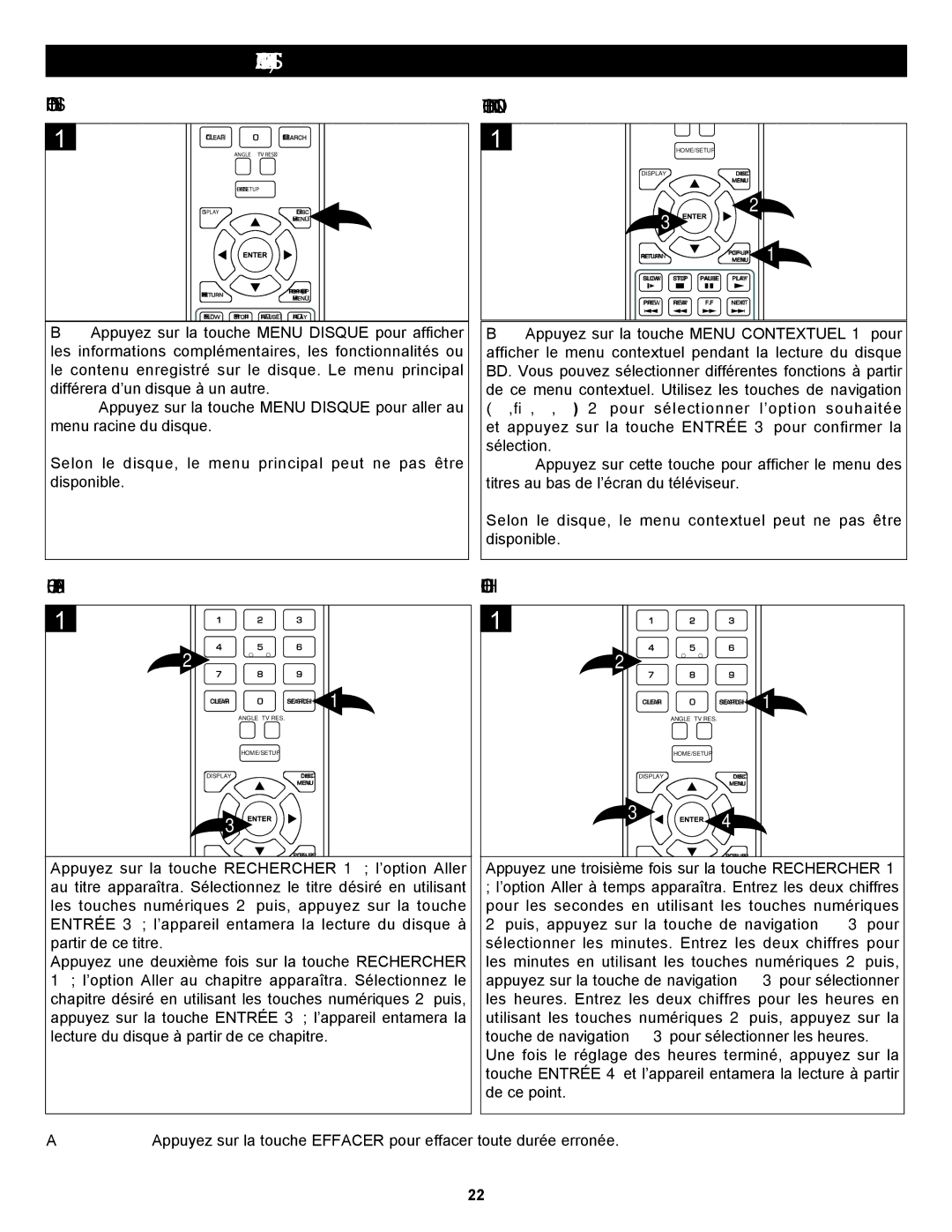 Memorex MVBD2535GPH manual Touche Menu Disque, Touche Menu Contextuel, Rechercher TITRE/CHAPITRE, Rechercher Heure 