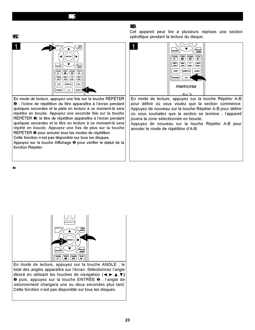 Memorex MVBD2535GPH manual Répéter LA Lecture, Répéter Lecture A-B, Angle 