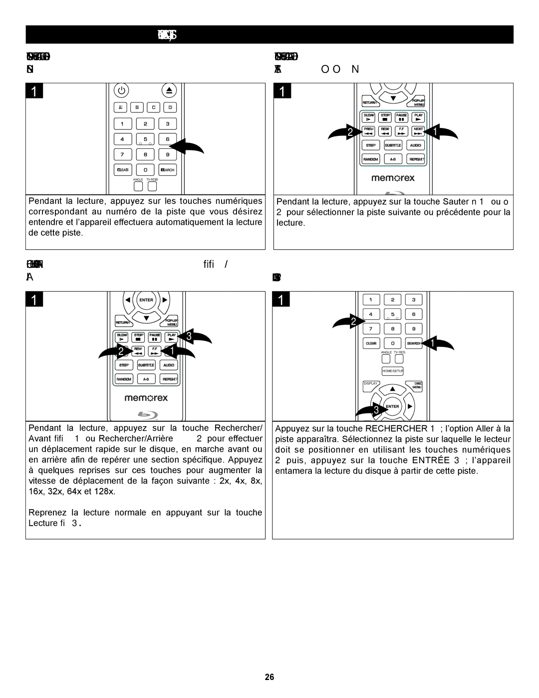 Memorex MVBD2535GPH manual Fonctionnement Avec CD Suite, Recherche EN Marche Avant Arrière √√ 