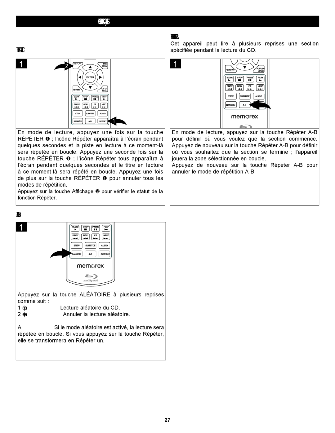 Memorex MVBD2535GPH manual Répéter LA Lecture, Aléatoire 