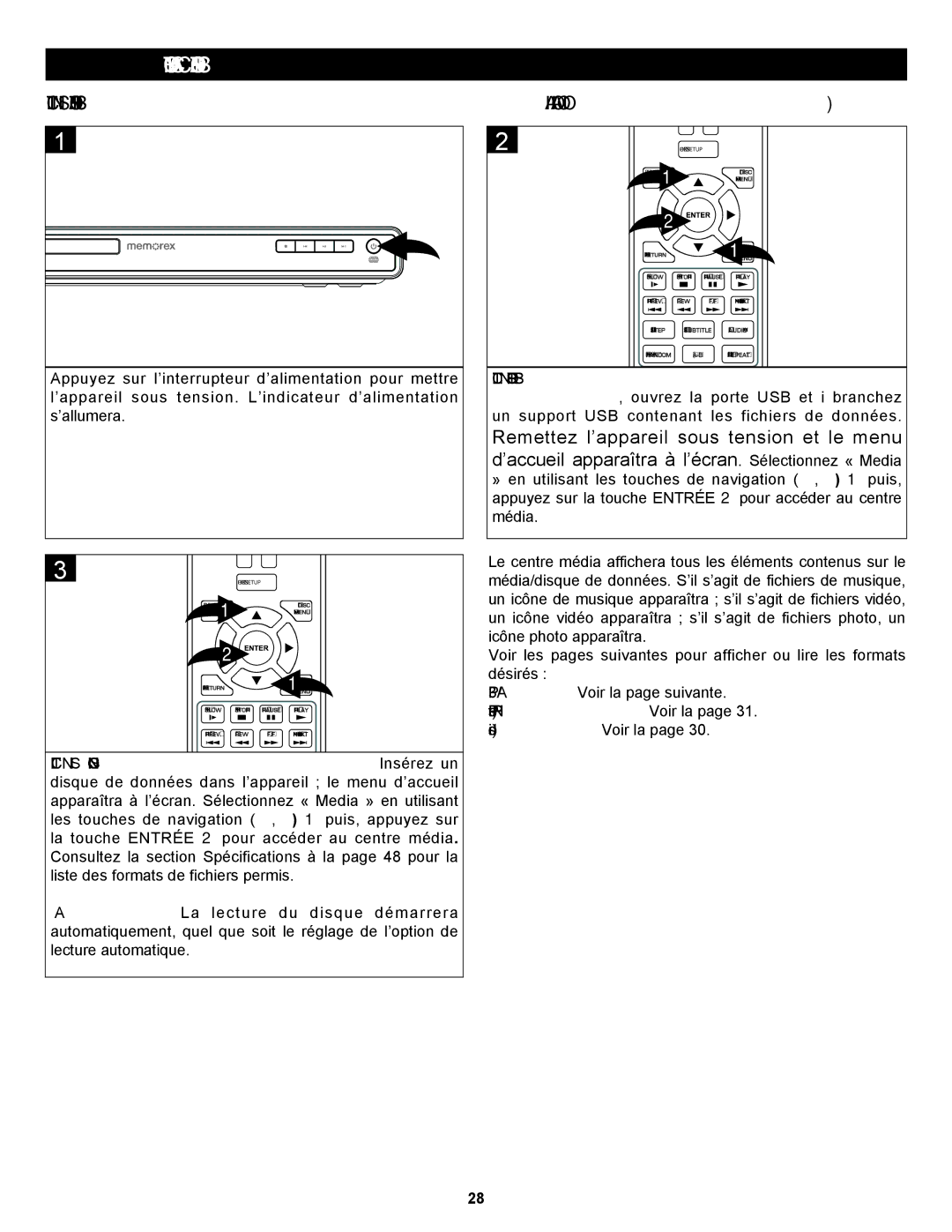 Memorex MVBD2535GPH manual Fonctionnement Avec CD DE DONNÉES/SUPPORT USB, MP3/WMA Voir la page suivante, Vidéos WMV Voir la 