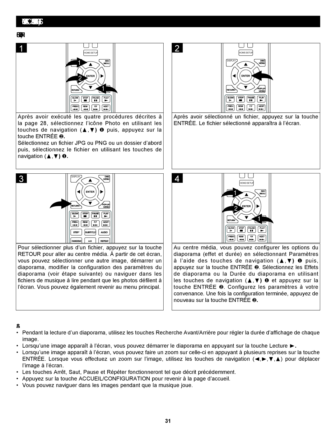 Memorex MVBD2535GPH manual Fonctionnement Avec CD DE DONNÉES/SUPPORT USB/CARTE SD Suite, Fichiers Photo JPG/PNG 