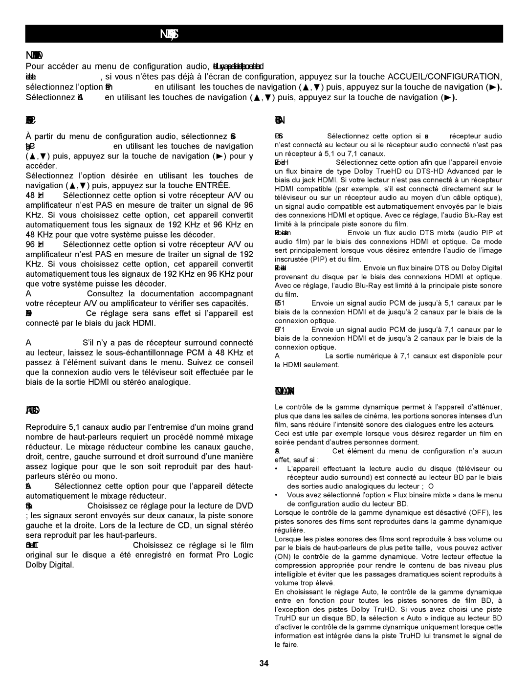 Memorex MVBD2535GPH manual Menu DE Configuration Audio, Sous-Échantillonnage Pcm, Mixage Réducteur Stéréo, Sortie Numérique 