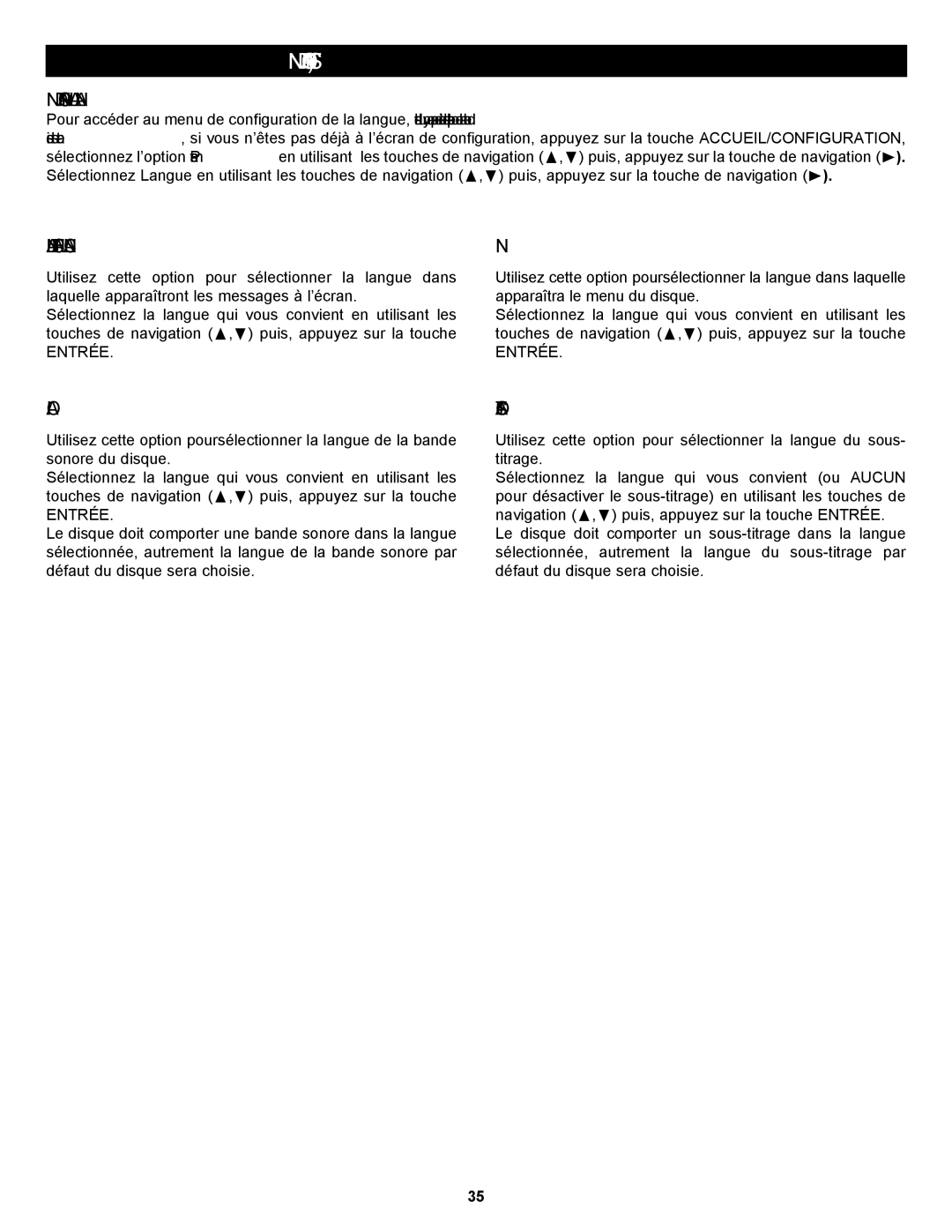 Memorex MVBD2535GPH manual Menu DE Configuration DE LA Langue, Langue D’AFFICHAGE À L’ÉCRAN, Entrée 