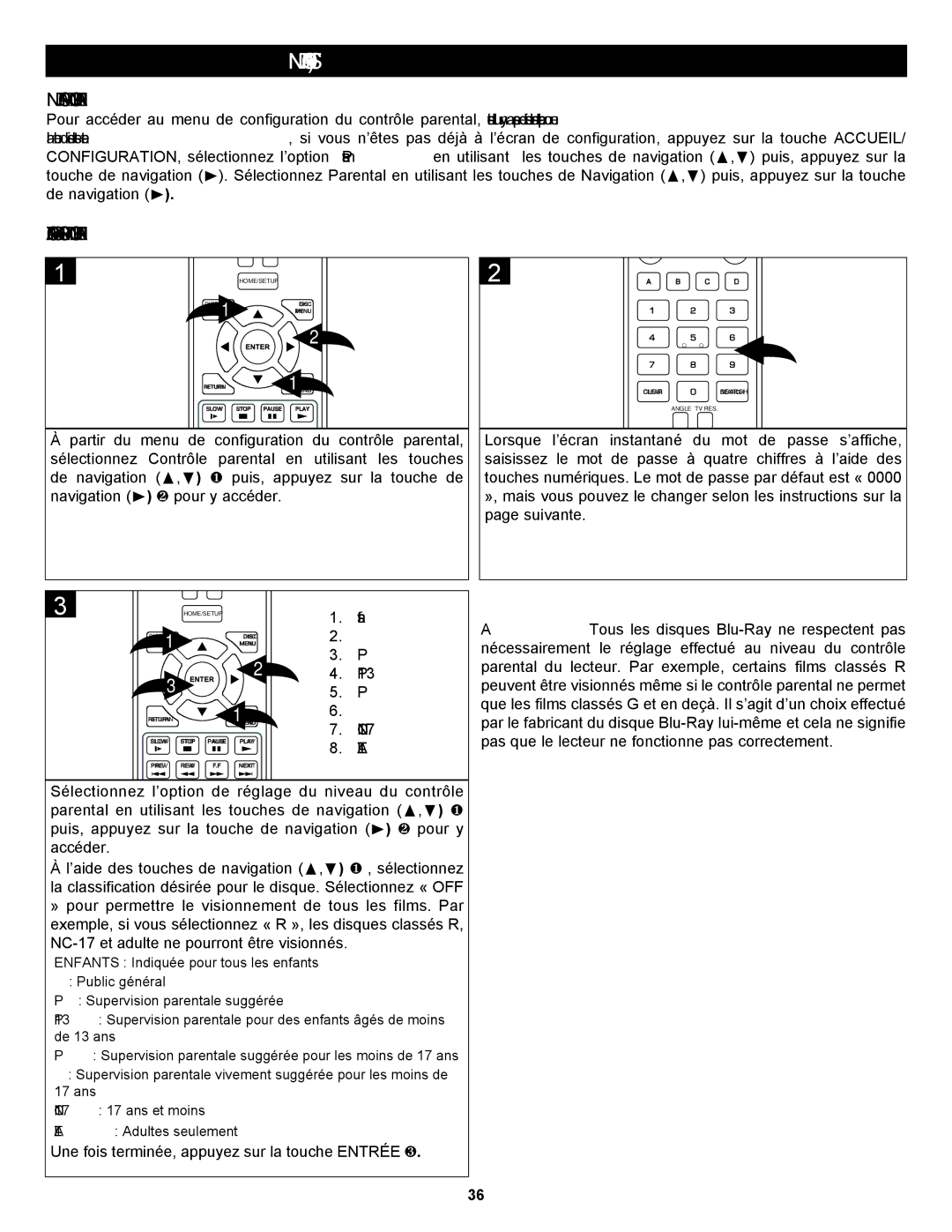 Memorex MVBD2535GPH manual Menu DE Configuration DU Contrôle Parental, Configuration DES Options DE Contrôle Parental, Pg-R 