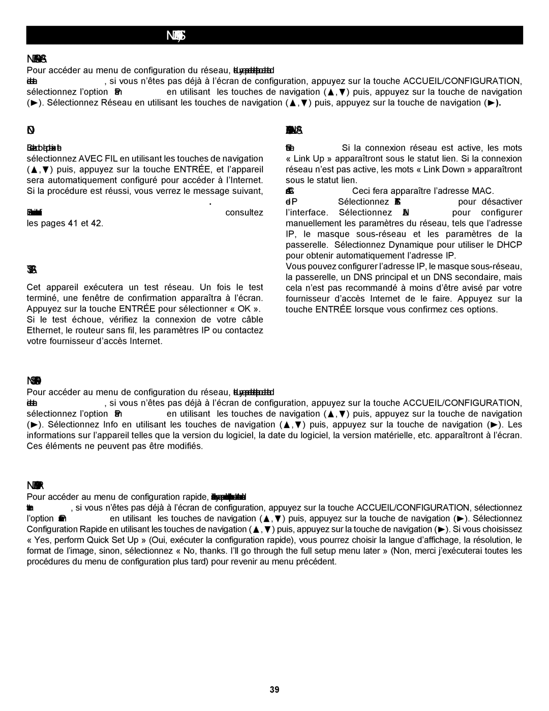 Memorex MVBD2535GPH manual Menu DE Configuration DU Réseau, Connexion, Test Réseau, Configuration Manuelle DU Réseau 