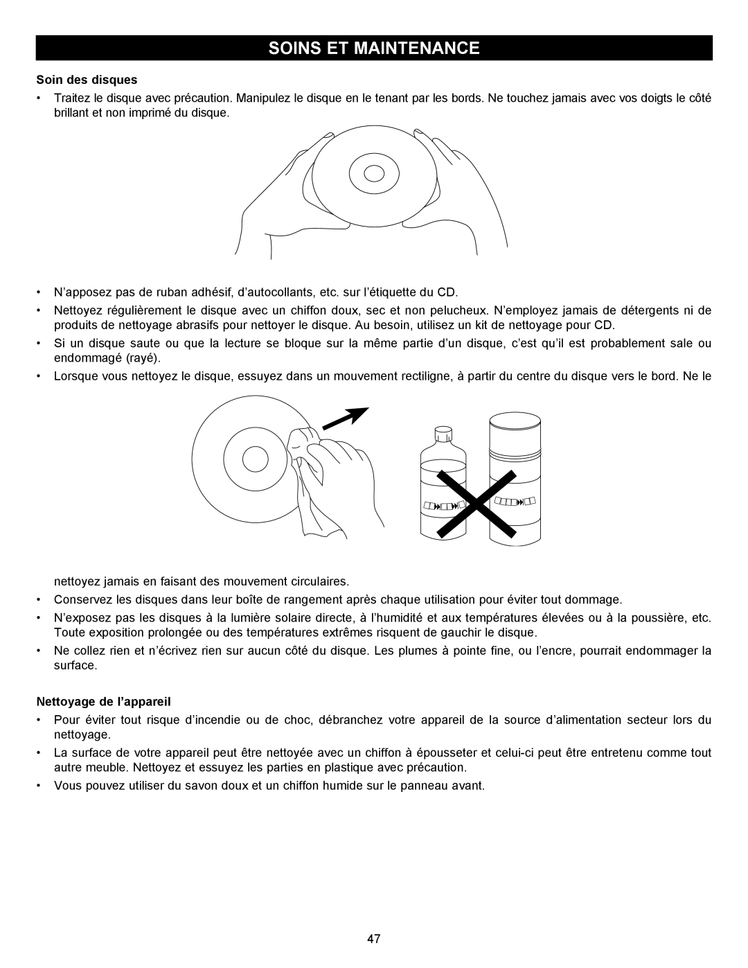 Memorex MVBD2535GPH manual Soins ET Maintenance, Soin des disques 