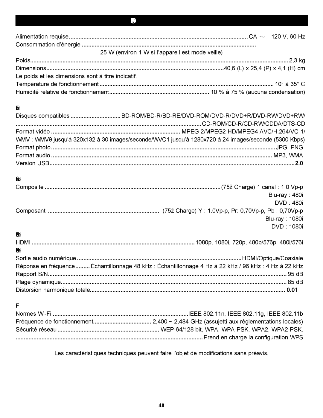 Memorex MVBD2535GPH manual Spécifications, Température de fonctionnement 