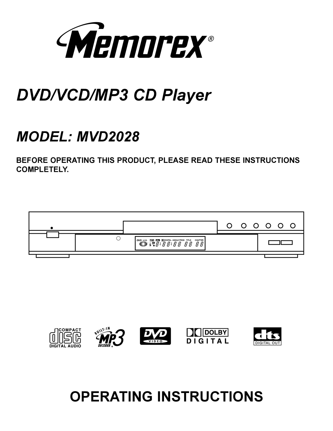 Memorex MVD-2028 operating instructions DVD/VCD/MP3 CD Player 