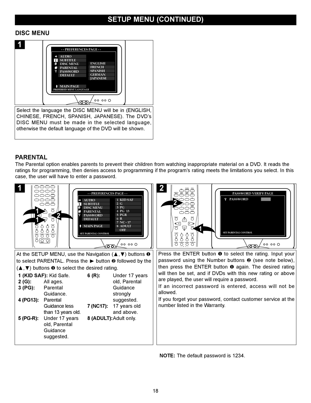 Memorex MVD-2028 operating instructions Disc Menu, Parental 