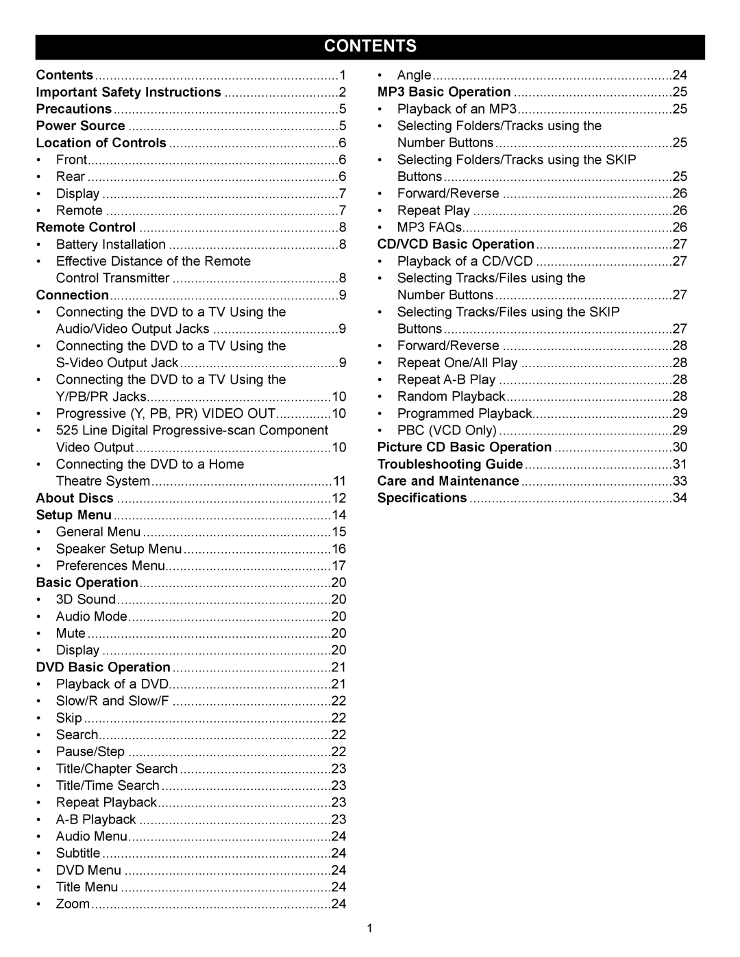 Memorex MVD-2028 operating instructions Contents 