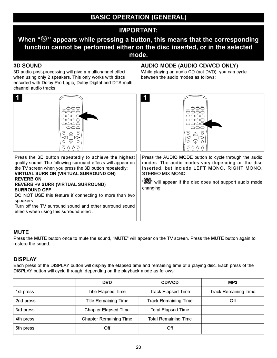Memorex MVD-2028 Basic Operation General, 3D Sound Audio Mode Audio CD/VCD only, Mute, Display, DVD CD/VCD MP3 