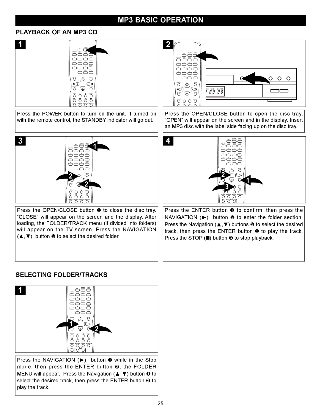 Memorex MVD-2028 operating instructions MP3 Basic Operation, Playback of AN MP3 CD, Selecting FOLDER/TRACKS 