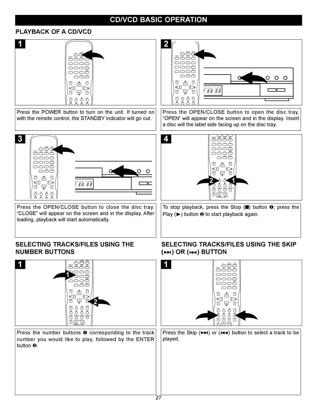 Memorex MVD-2028 CD/VCD Basic Operation, Playback of a CD/VCD, Selecting TRACKS/FILES Using the Number Buttons 