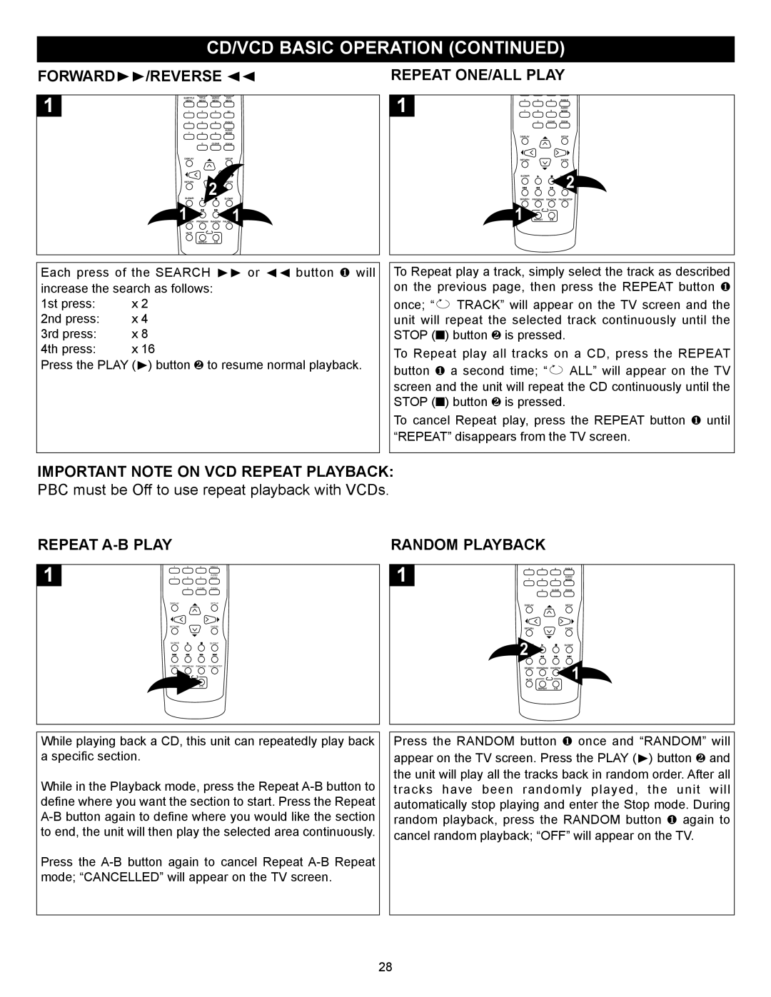 Memorex MVD-2028 operating instructions Important Note on VCD Repeat Playback, Repeat A-B Play, Random Playback 