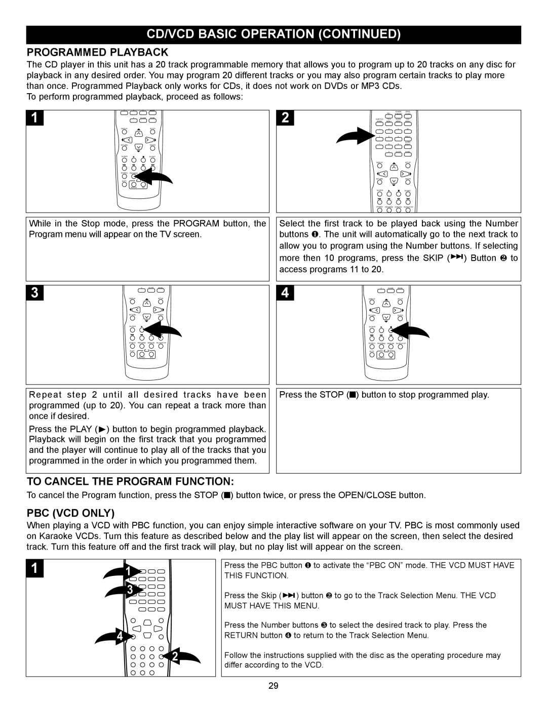 Memorex MVD-2028 operating instructions Programmed Playback, To Cancel the Program Function, PBC VCD only 