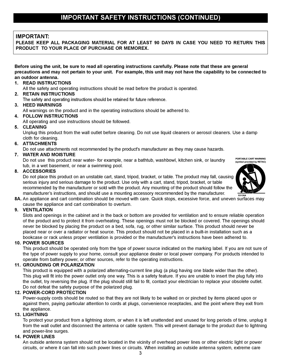 Memorex MVD-2028 Read Instructions, Retain Instructions, Heed Warnings, Follow Instructions, Cleaning, Attachments 