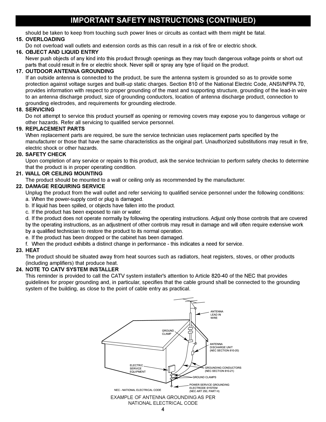 Memorex MVD-2028 Overloading, Object and Liquid Entry, Outdoor Antenna Grounding, Servicing, Replacement Parts 