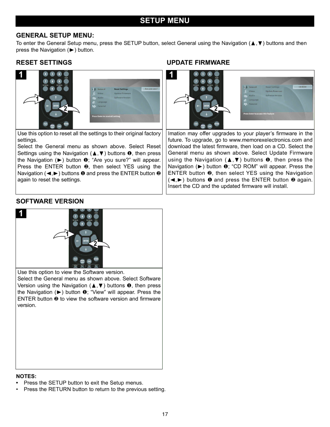 Memorex MVD-2037 O/M.QXD General Setup Menu, Update Firmware, Reset Settings, Software Version 