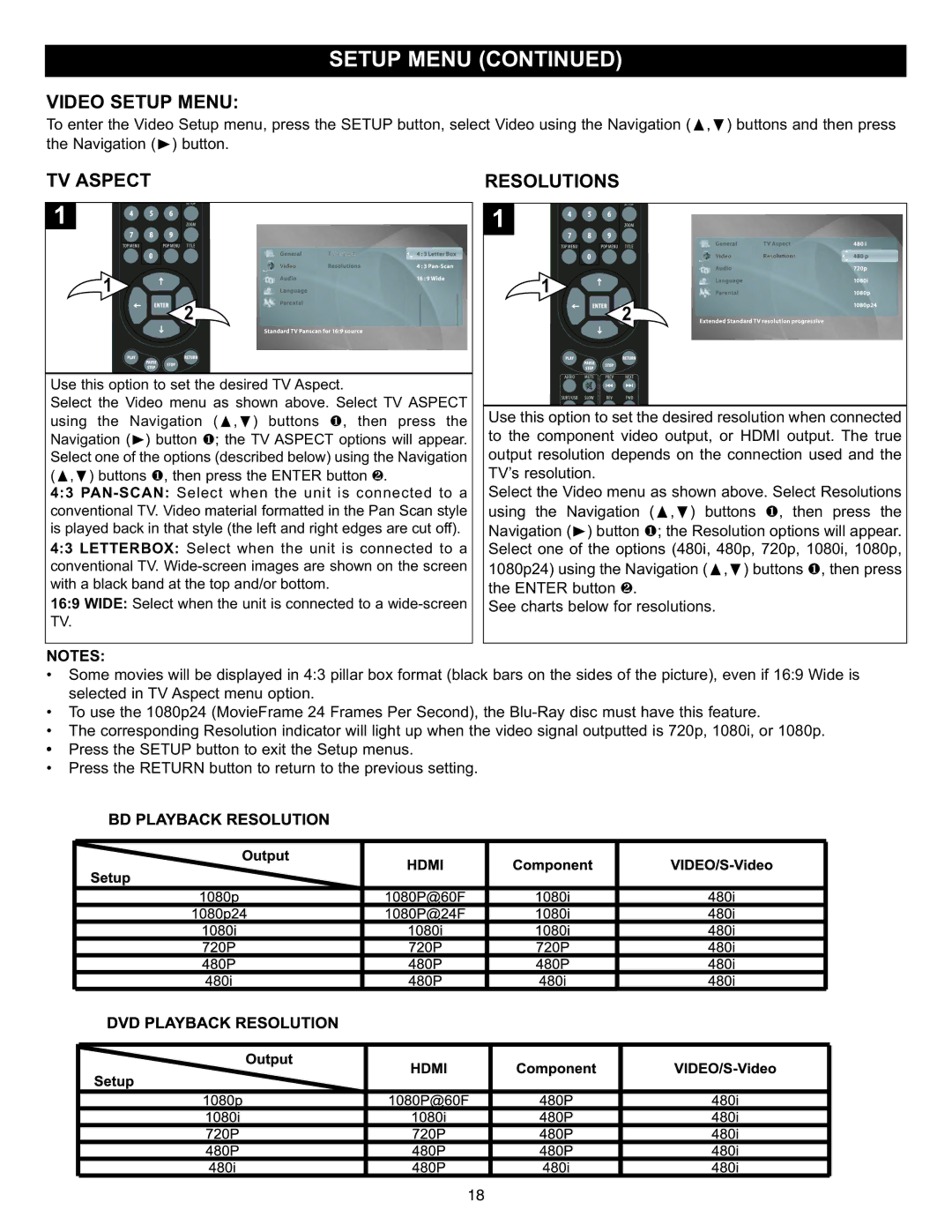 Memorex MVD-2037 O/M.QXD important safety instructions Video Setup Menu, Resolutions, TV Aspect 