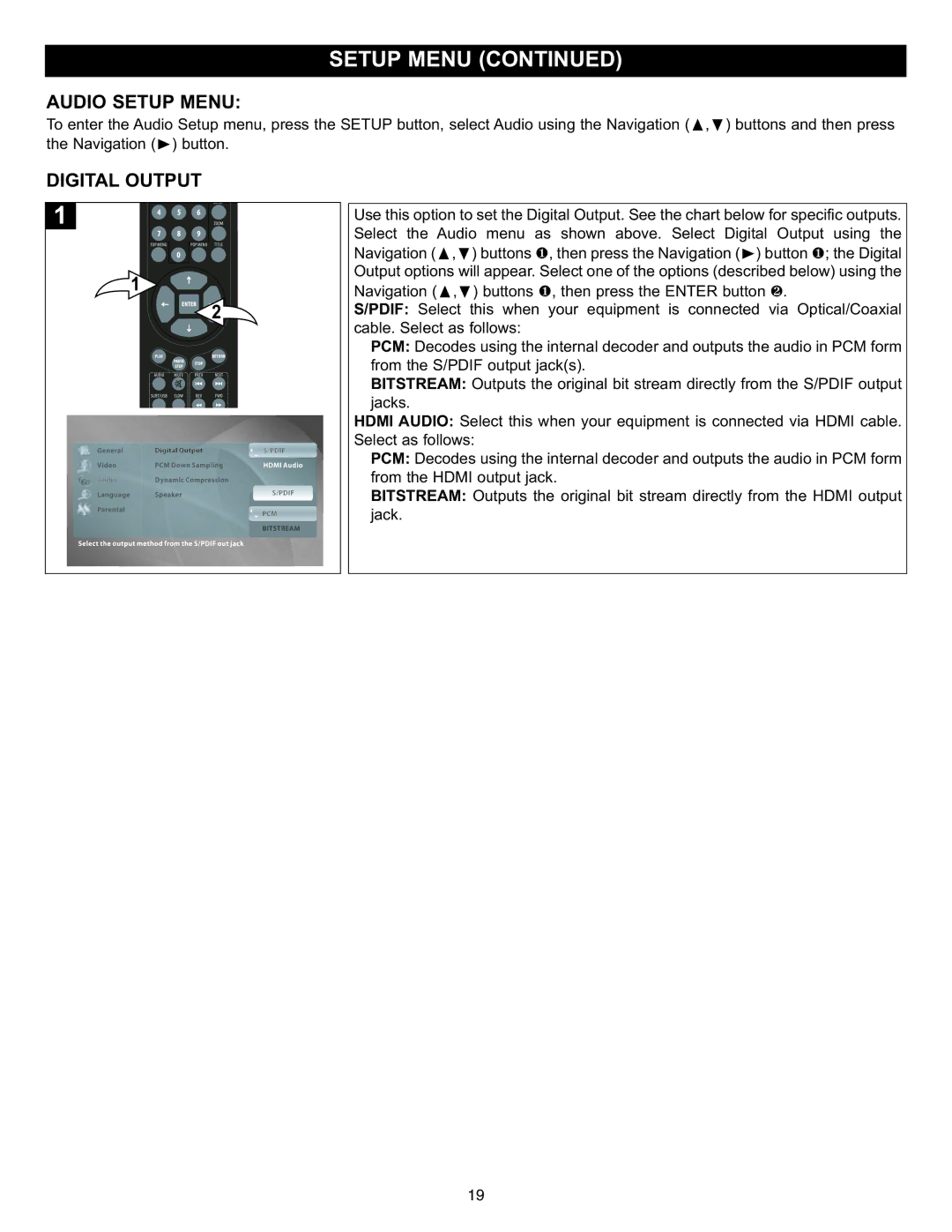 Memorex MVD-2037 O/M.QXD important safety instructions Audio Setup Menu, Digital Output 