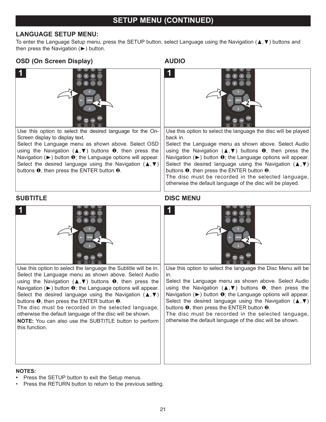 Memorex MVD-2037 O/M.QXD important safety instructions Language Setup Menu, Audio, Subtitle, Disc Menu 