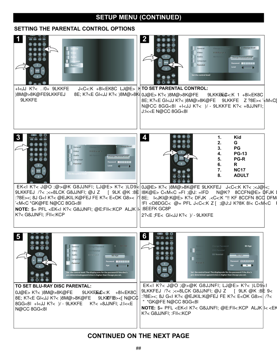 Memorex MVD-2037 O/M.QXD Setting the Parental Control Options, To SET Parental Control, Pg-R, Adult 