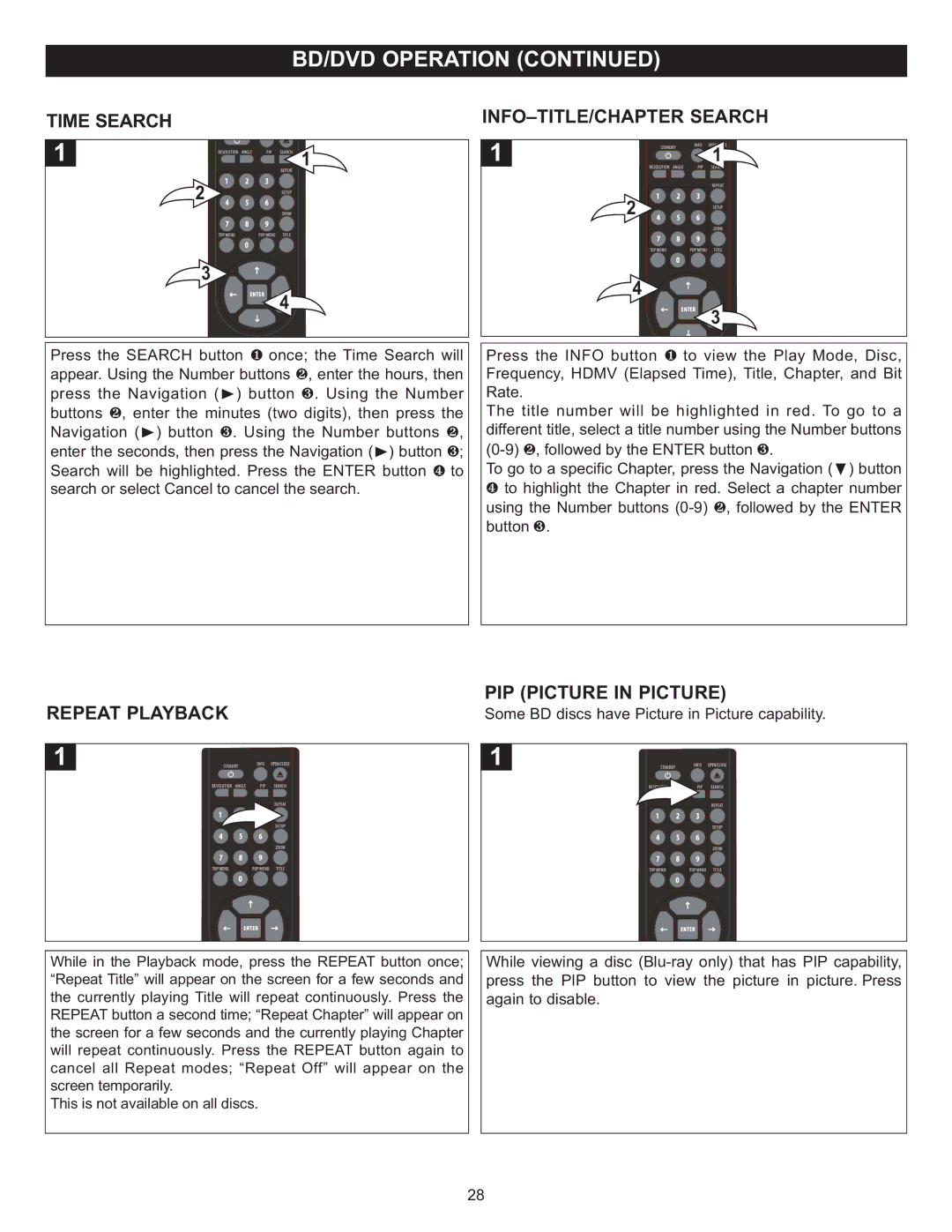 Memorex MVD-2037 O/M.QXD Time Search, Repeat Playback, INFO-TITLE/CHAPTER Search, PIP Picture in Picture 