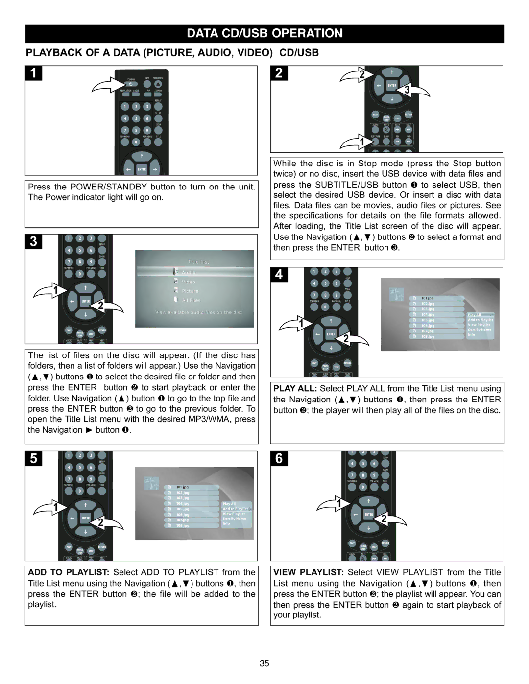 Memorex MVD-2037 O/M.QXD important safety instructions Playback of a Data PICTURE, AUDIO, Video CD/USB 