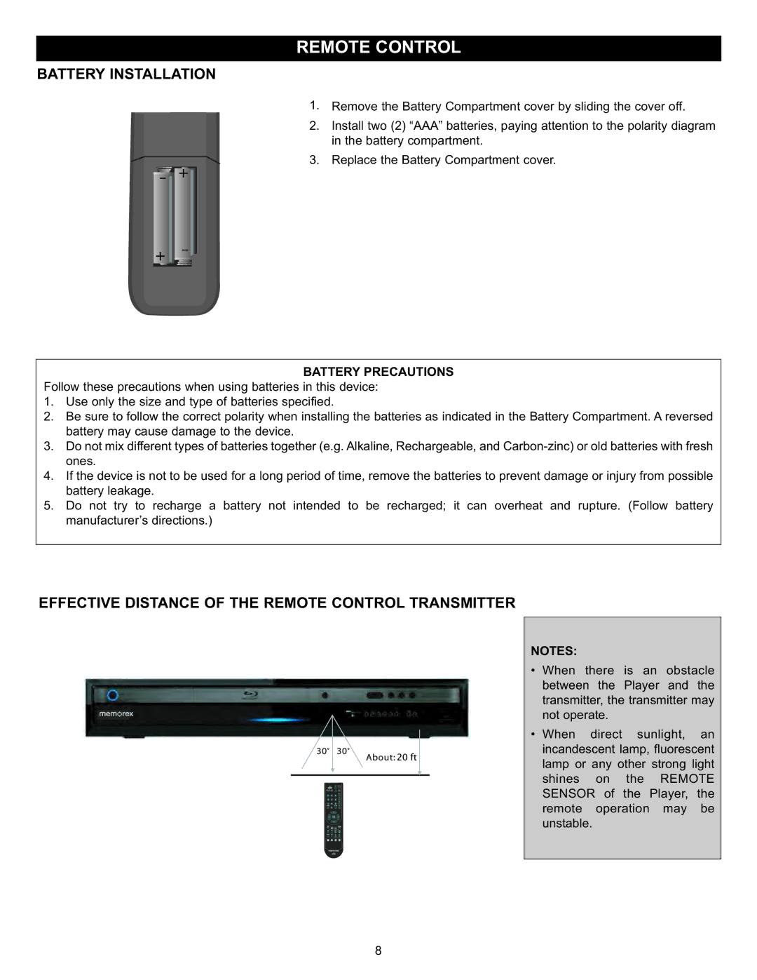 Memorex MVD-2037 O/M.QXD Battery Installation, Effective Distance of the Remote Control Transmitter, Battery Precautions 