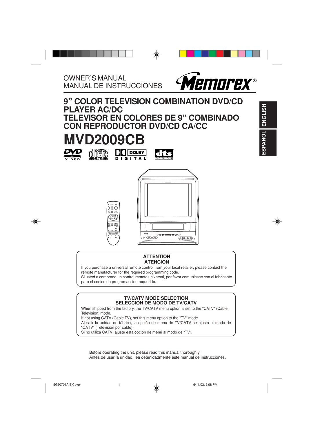 Memorex MVD2009CB owner manual Atencion, TV/CATV Mode Selection Seleccion DE Modo DE TV/CATV 