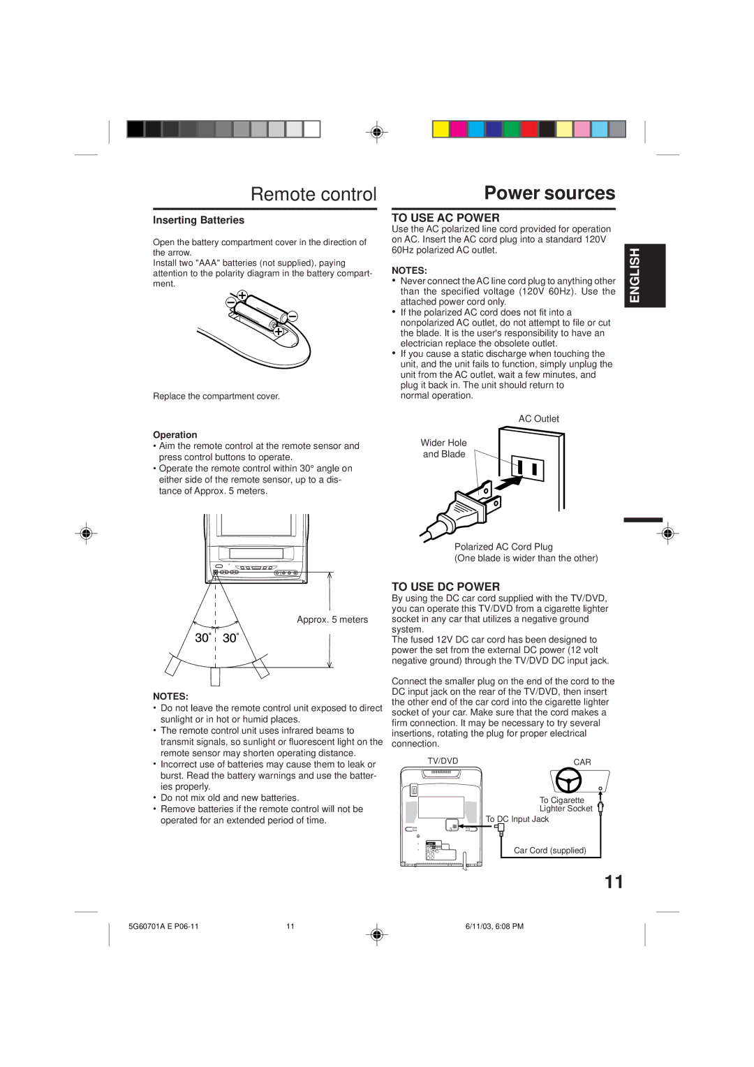 Memorex MVD2009CB owner manual Remote control, Power sources, To USE AC Power, To USE DC Power, Inserting Batteries 