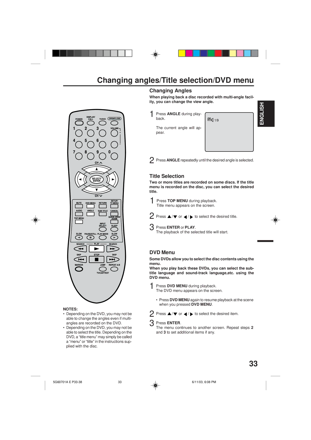 Memorex MVD2009CB owner manual Changing angles/Title selection/DVD menu, Changing Angles, Title Selection, DVD Menu 