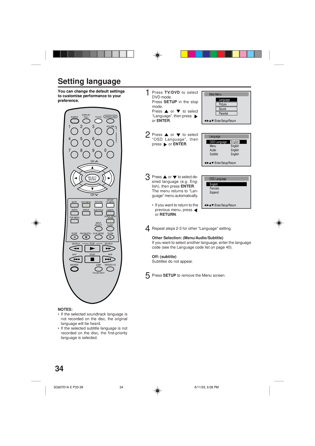 Memorex MVD2009CB Setting language, Previous menu, press or Return, Other Selection Menu/Audio/Subtitle, Off subtitle 