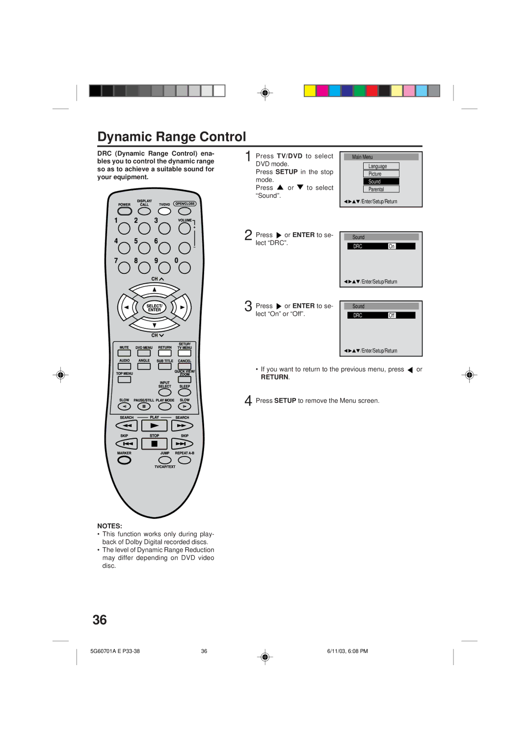 Memorex MVD2009CB owner manual Dynamic Range Control, Press or Enter to se- lect DRC, Press or Enter to se- lect On or Off 