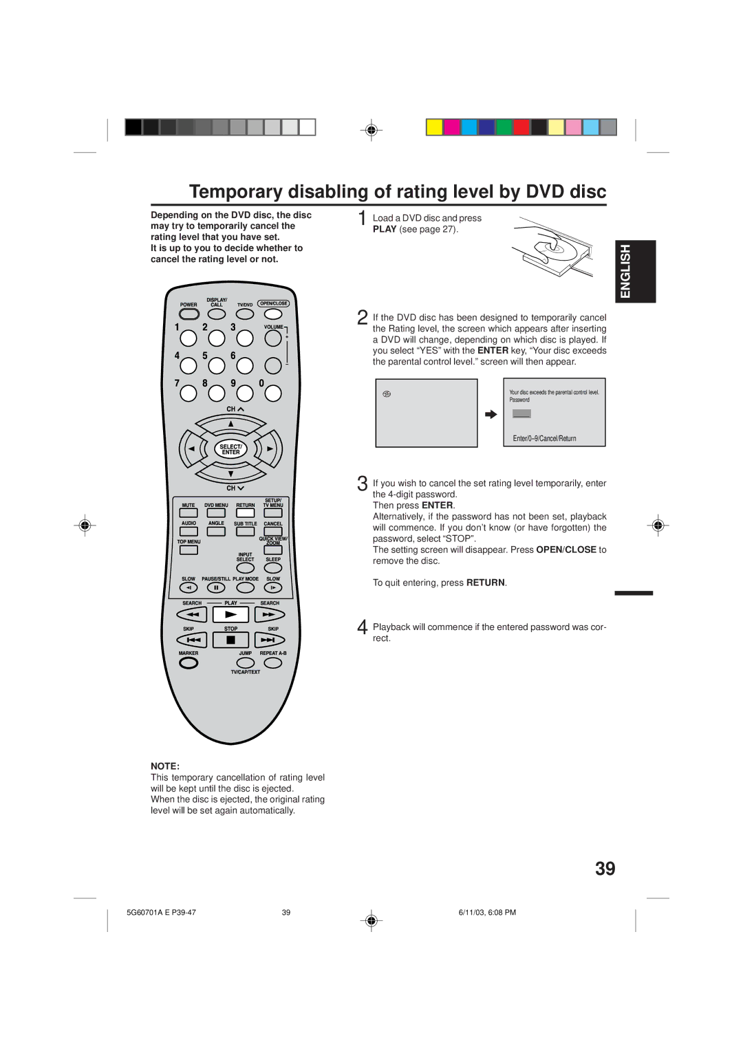 Memorex MVD2009CB owner manual Temporary disabling of rating level by DVD disc, Rect 