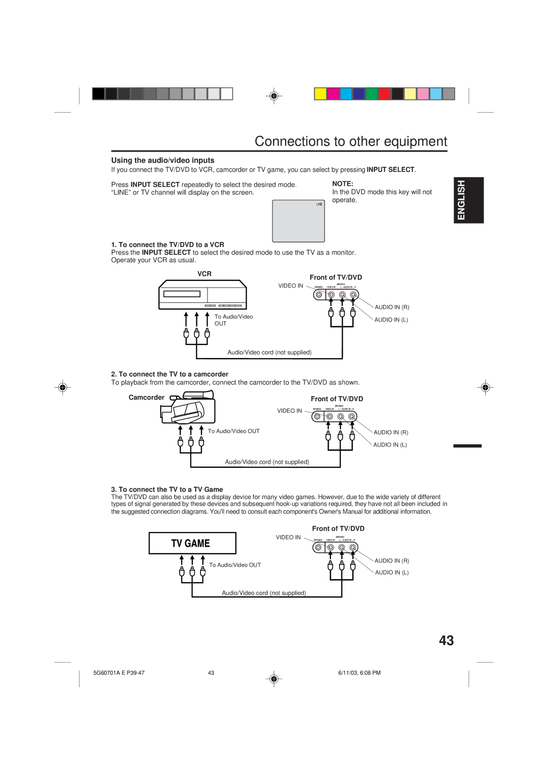 Memorex MVD2009CB owner manual Connections to other equipment, Using the audio/video inputs, Vcr 