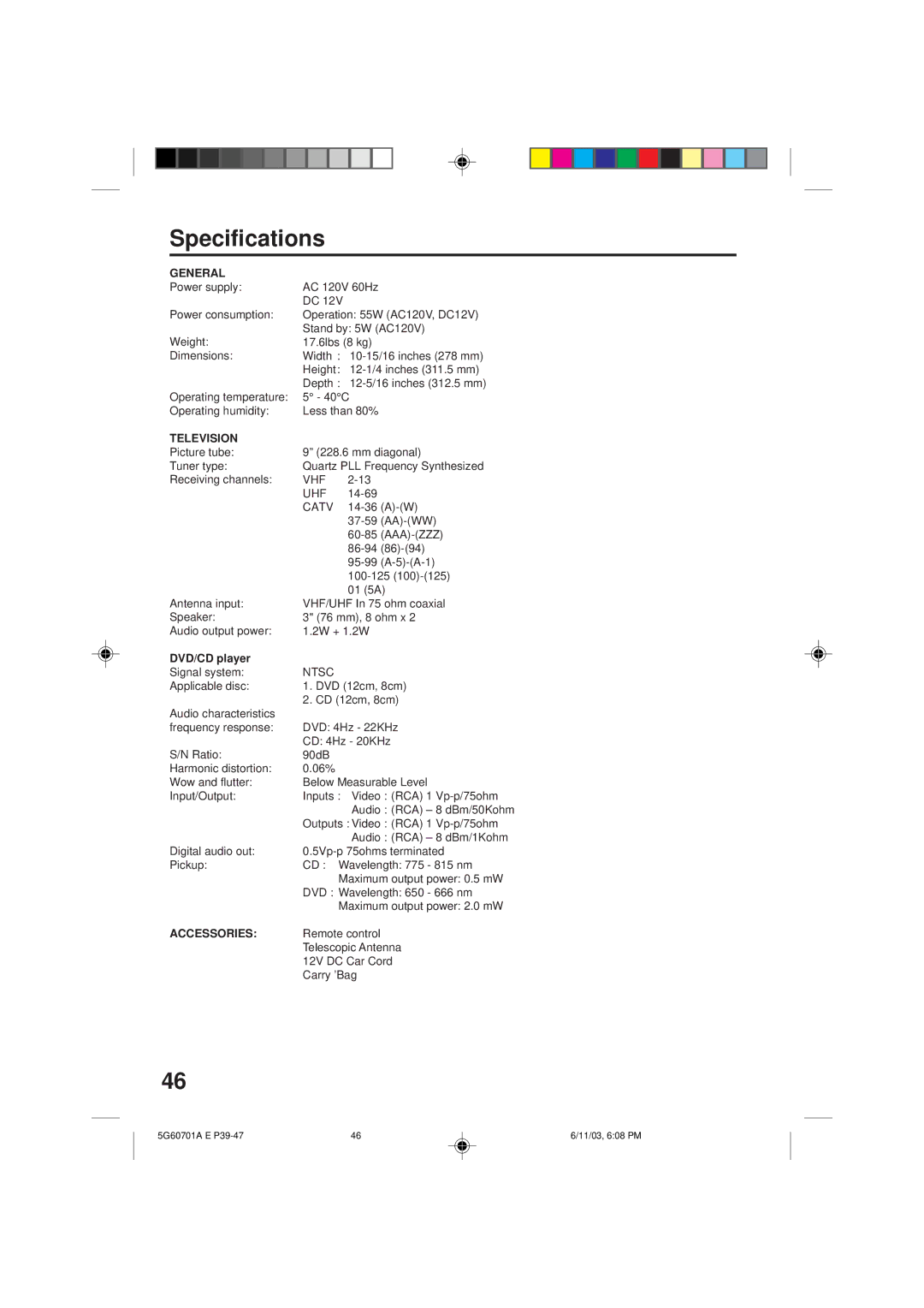 Memorex MVD2009CB owner manual Specifications, General, Television, DVD/CD player 