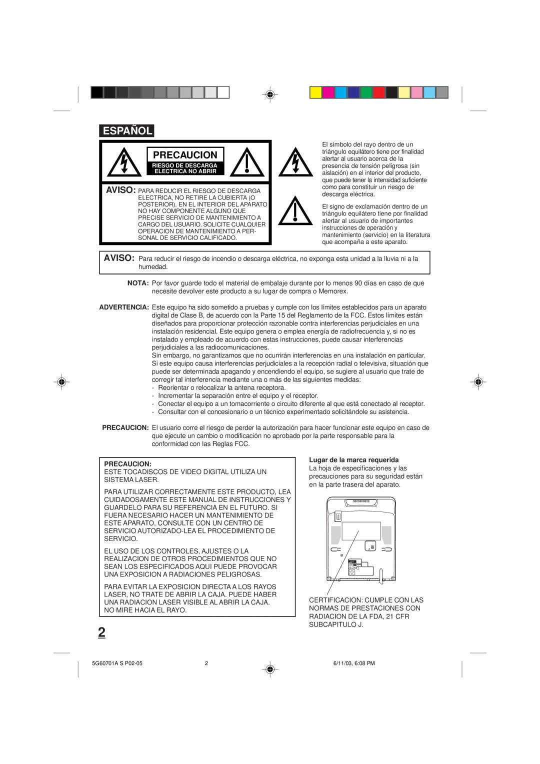 Memorex MVD2009CB owner manual Precaucion, Lugar de la marca requerida 