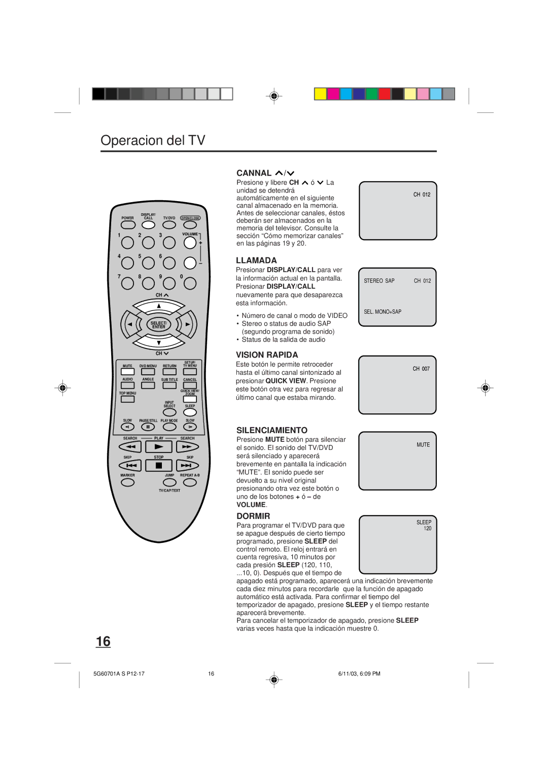 Memorex MVD2009CB owner manual Operacion del TV 