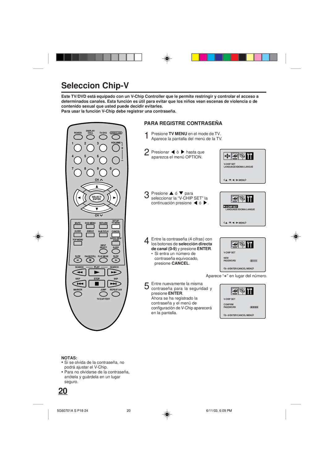 Memorex MVD2009CB owner manual Seleccion Chip-V, Para Registre Contraseña, Aparece en lugar del número 