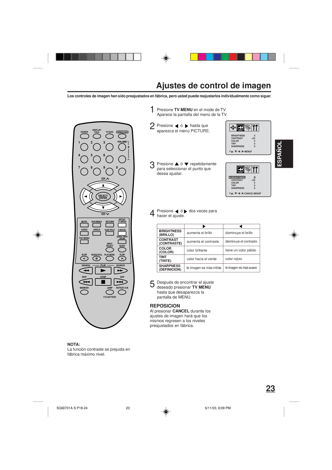 Memorex MVD2009CB owner manual Ajustes de control de imagen, Nota 