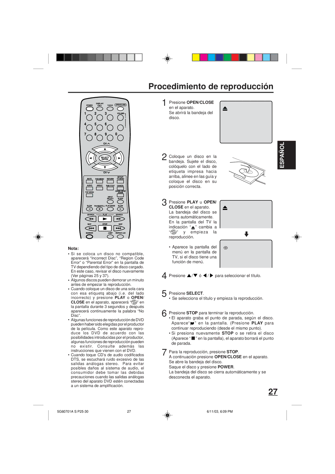 Memorex MVD2009CB owner manual Procedimiento de reproducción, Nota, Se abrirá la bandeja del disco Colóquelo con el lado de 