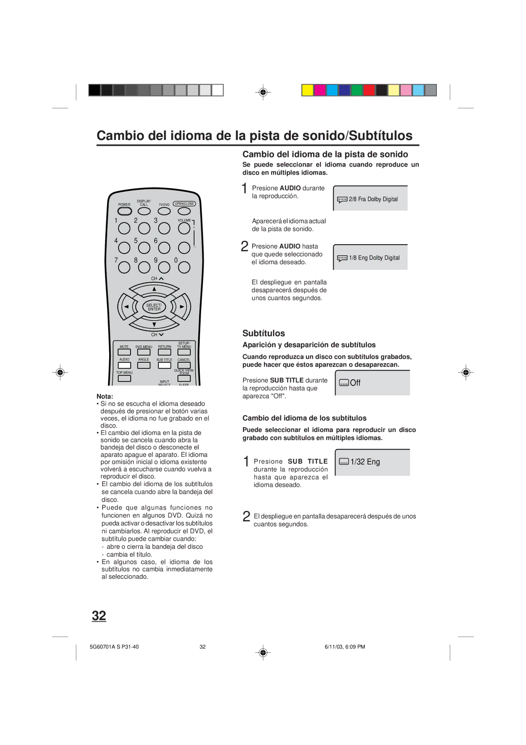 Memorex MVD2009CB owner manual Cambio del idioma de la pista de sonido/Subtítulos, Aparición y desaparición de subtítulos 