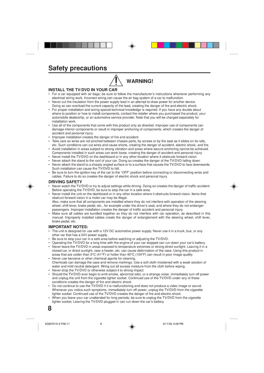 Memorex MVD2009CB owner manual Safety precautions, Install the TV/DVD in Your CAR, Driving Safety, Important Notes 