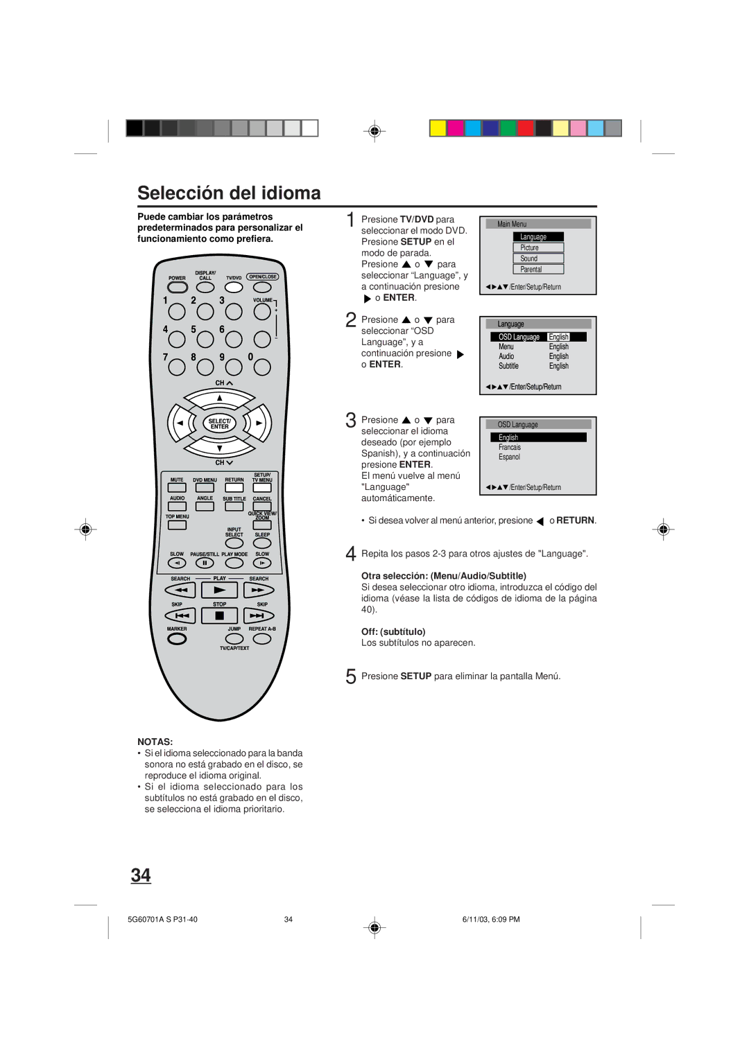 Memorex MVD2009CB owner manual Selección del idioma, Enter, El menú vuelve al menú Language automáticamente, Off subtítulo 