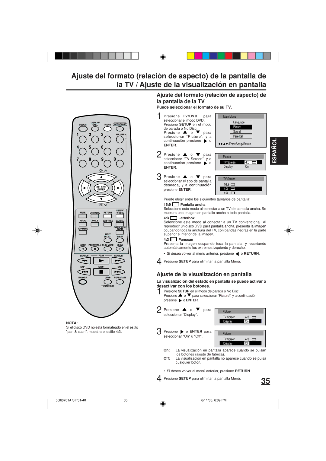 Memorex MVD2009CB owner manual Ajuste de la visualización en pantalla, Puede seleccionar el formato de su TV 