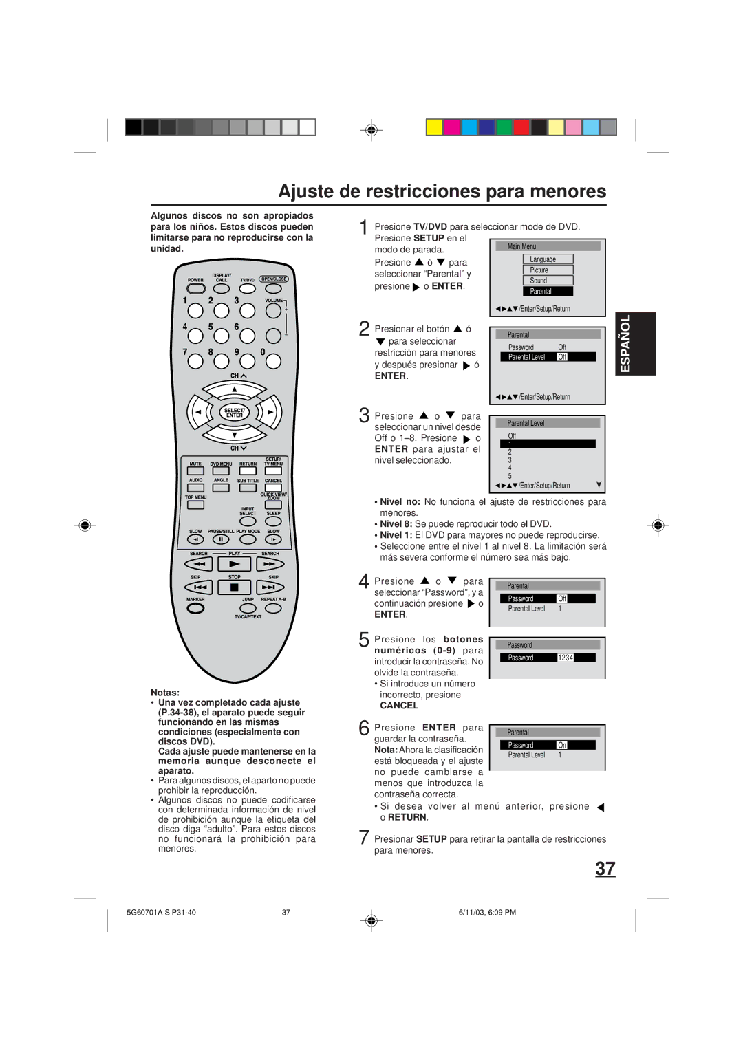 Memorex MVD2009CB owner manual Ajuste de restricciones para menores, Los botones, Numéricos 